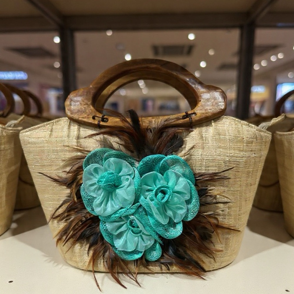 Elegant Tan Handbag with Teal Floral Accent - Picture 1 of 9